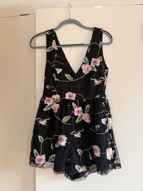 Urban Outfitters Black Floral Embroidered V-Neck Romper